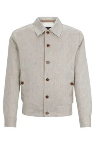 Hugo Boss Slim-fit Jacket In Herringbone Linen And Silk In Light Beige