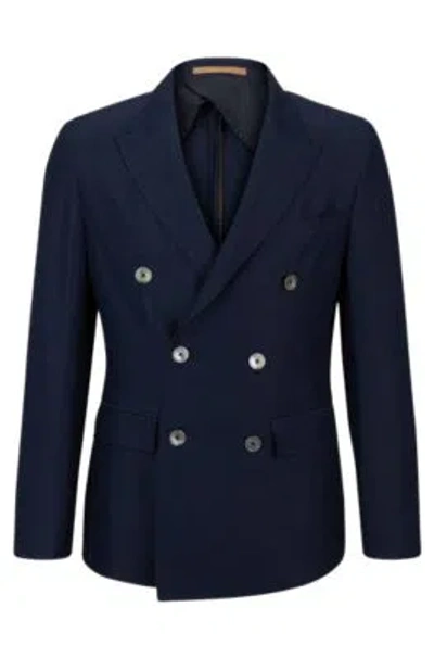 Hugo Boss Slim-fit Jacket In Herringbone Virgin Wool And Linen In Light Blue