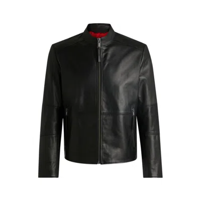 Hugo Boss Slim-fit Jacket In Leather With Stand Collar In Black