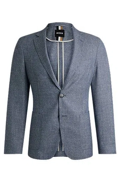 Hugo Boss Slim-fit Jacket In Patterned Virgin Wool And Linen In Dark Blue