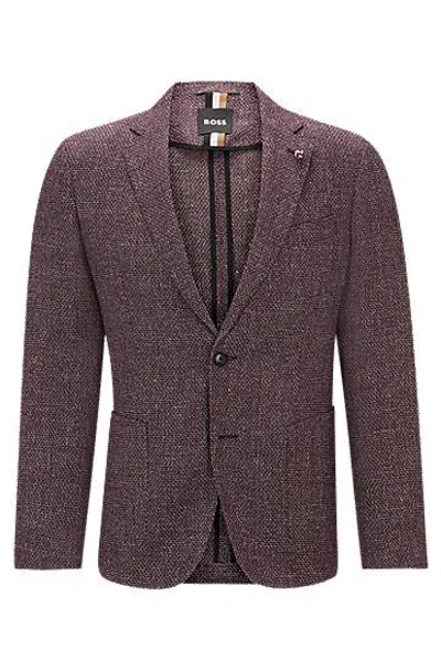 Hugo Boss Slim-fit Jacket In Patterned Virgin Wool And Linen In Brown