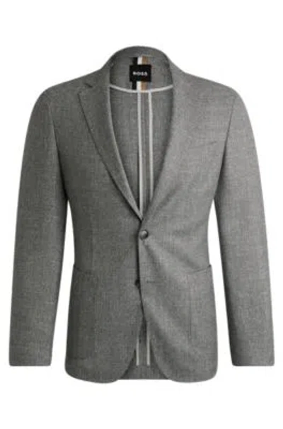 Hugo Boss Slim-fit Jacket In Patterned Virgin Wool And Linen In Silver