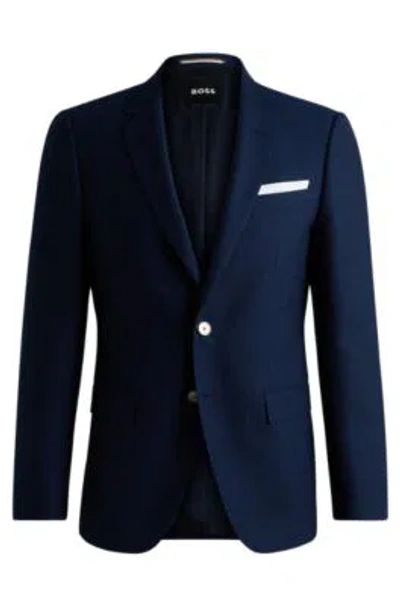 Hugo Boss Slim-fit Jacket In Patterned Wool In Dark Blue