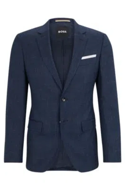 Hugo Boss Slim-fit Jacket In Virgin Wool And Linen In Dark Blue