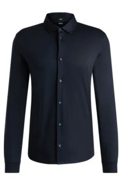 Hugo Boss Slim-fit Long-sleeved Shirt In Mercerized Cotton In Dark Blue