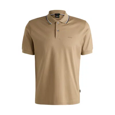 Hugo Boss Slim-fit Polo Shirt In Cotton With Striped Collar In Beige
