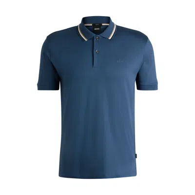 Hugo Boss Slim-fit Polo Shirt In Cotton With Striped Collar In Blue