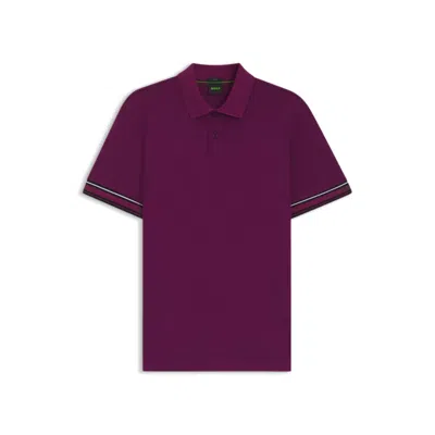 Hugo Boss Slim-fit Polo Shirt In Cotton With Striped Collar In Purple