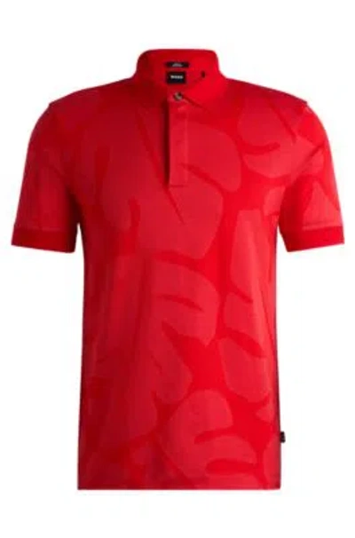 Hugo Boss Slim-fit Polo Shirt In Monstera-leaf Cotton In Red