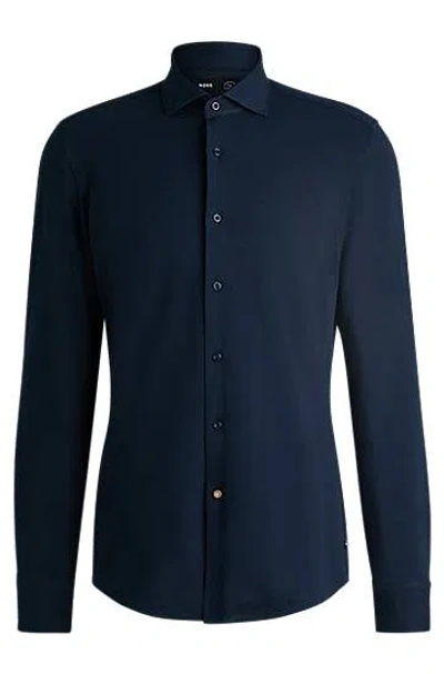 Hugo Boss Slim-fit Shirt In Cotton-piqu Jersey In Dark Blue