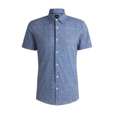 Hugo Boss Slim-fit Shirt In Floral-print Performance Fabric In Blue