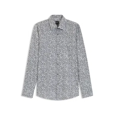 Hugo Boss Slim-fit Shirt In Floral-print Stretch-cotton Poplin In Gray