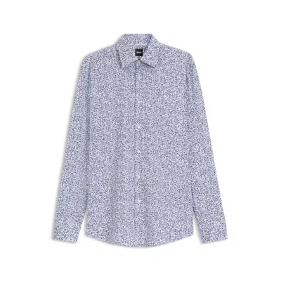 Hugo Boss Slim-fit Shirt In Floral-print Stretch-cotton Poplin In Blue