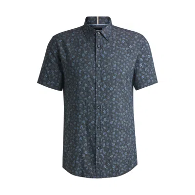 Hugo Boss Slim-fit Shirt In Floral-print Stretch Linen In Blue