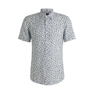 Hugo Boss Slim-fit Shirt In Floral-print Stretch Linen In Blue