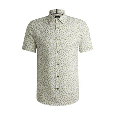 Hugo Boss Slim-fit Shirt In Floral-print Stretch Linen In Green