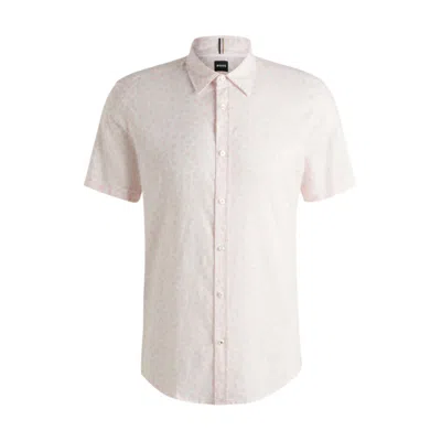 Hugo Boss Slim-fit Shirt In Floral-print Stretch Linen In Pink
