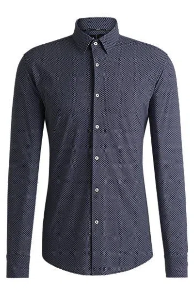 Hugo Boss Slim-fit Shirt In Geometric-print Performance-stretch Jersey In Blue