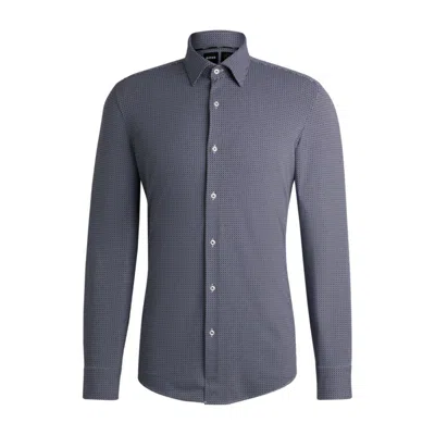 Hugo Boss Slim-fit Shirt In Geometric-print Performance-stretch Material In Blue