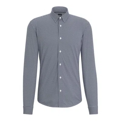 Hugo Boss Slim-fit Shirt In Geometric-printed Performance-stretch Material In Blue