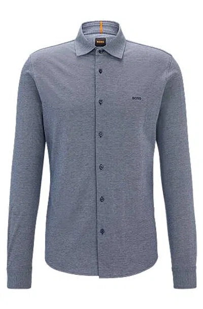 Hugo Boss Slim-fit Shirt In Melange Cotton Piqué In Azure