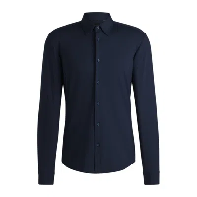 Hugo Boss Slim-fit Shirt In Melange Performance-stretch Jersey In Blue