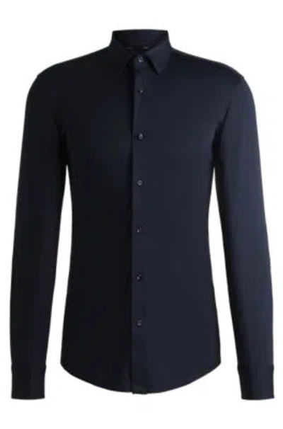 Hugo Boss Slim-fit Shirt In Melange Performance-stretch Jersey In Blue