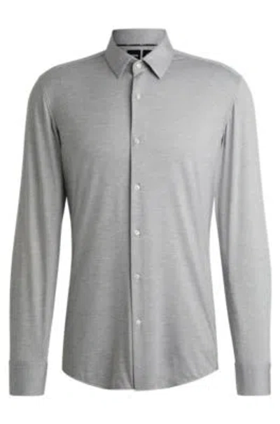 Hugo Boss Slim-fit Shirt In Melange Performance-stretch Jersey In Silver
