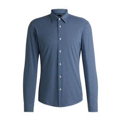 Hugo Boss Slim-fit Shirt In Monogram-print Performance-stretch Material In Blue