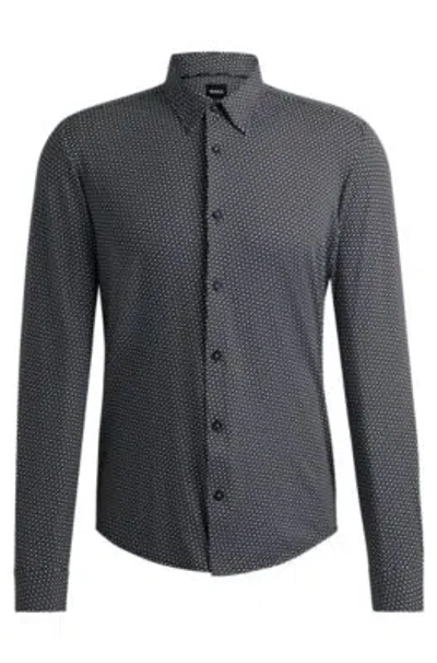 Hugo Boss Slim-fit Shirt In Monogram-print Performance-stretch Material In Black