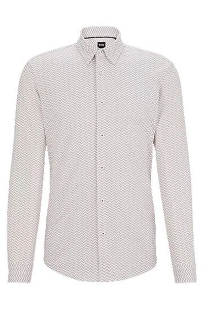 Hugo Boss Slim-fit Shirt In Patterned Performance-stretch Fabric In Open White