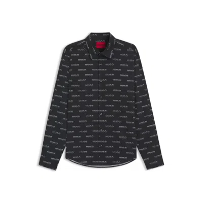 Hugo Boss Slim-fit Shirt In Printed Cotton Poplin In Black