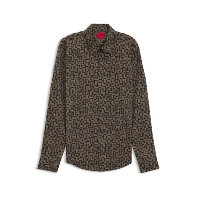 Hugo Boss Slim-fit Shirt In Printed Cotton Poplin In Brown