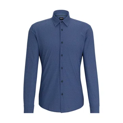 Hugo Boss Slim-fit Shirt In Printed Performance-stretch Fabric In Blue