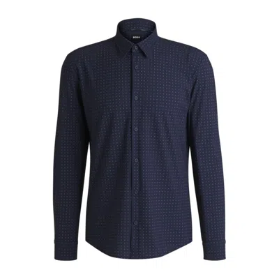 Hugo Boss Slim-fit Shirt In Printed Performance-stretch Jersey In Blue