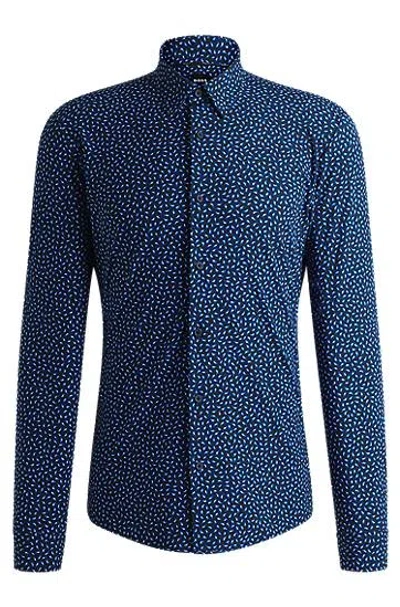 Hugo Boss Slim-fit Shirt In Printed Performance-stretch Jersey In Gray