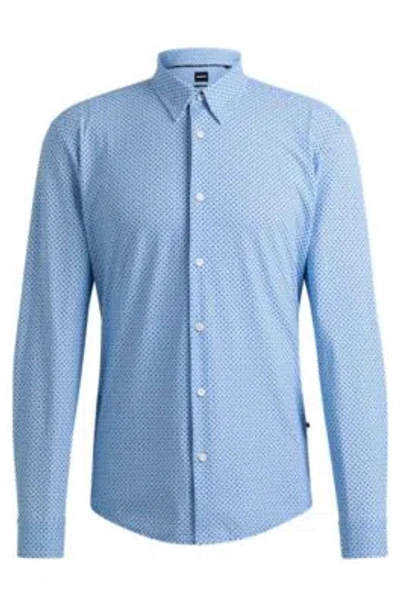 Hugo Boss Slim-fit Shirt In Printed Performance-stretch Jersey In Light Blue