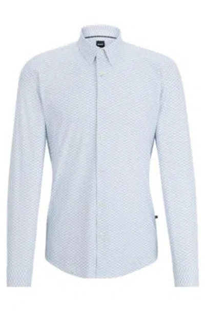 Hugo Boss Slim-fit Shirt In Printed Performance-stretch Jersey In Light Blue