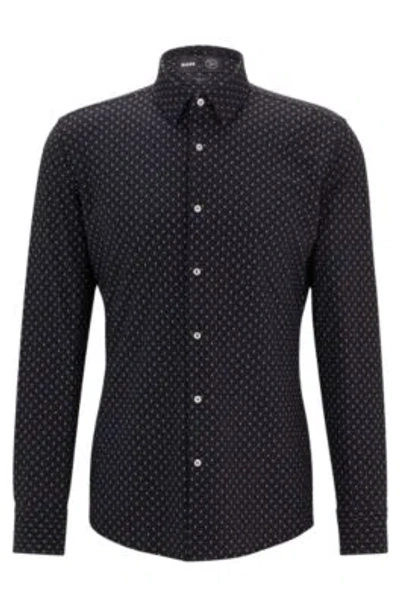 Hugo Boss Slim-fit Shirt In Printed Performance-stretch Material In Dark Blue