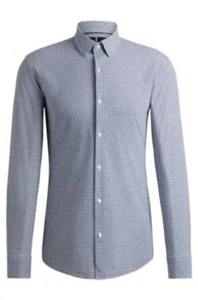 Hugo Boss Slim-fit Shirt In Printed Performance-stretch Material In Blue
