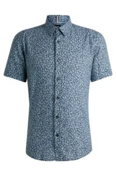 Hugo Boss Slim-fit Shirt In Printed Stretch-linen Chambray In Light Blue