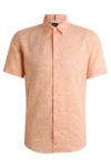 Hugo Boss Slim-fit Shirt In Printed Stretch-linen Chambray In Orange