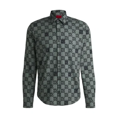 Hugo Boss Slim-fit Shirt In Seasonal-print Cotton Poplin In Green