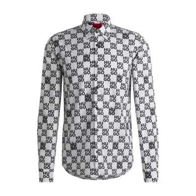 Hugo Boss Slim-fit Shirt In Seasonal-print Cotton Poplin In White