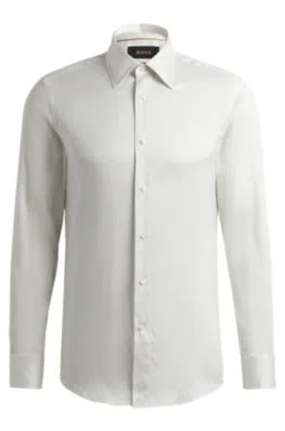 Hugo Boss Slim-fit Shirt In Striped Silk And Cotton In Silver