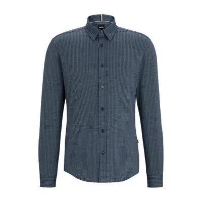 Hugo Boss Slim-fit Shirt In Structured Cotton Jacquard In Dark Blue