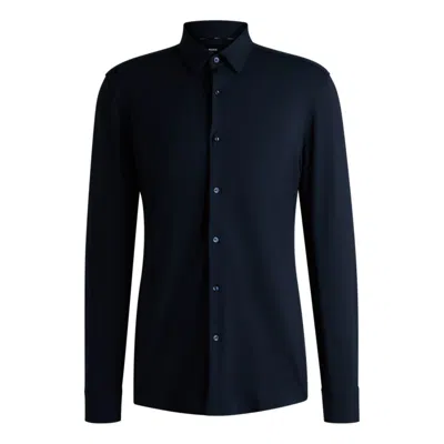 Hugo Boss Slim-fit Shirt In Structured Performance-stretch Jersey In Blue