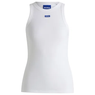 Hugo Boss Slim-fit Stretch-cotton Top With Blue Logo Badge In White
