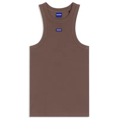 Hugo Boss Slim-fit Stretch-cotton Top With Blue Logo Badge In Brown