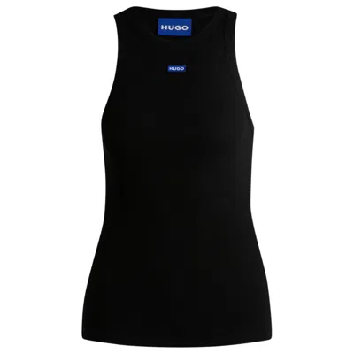 Hugo Boss Slim-fit Stretch-cotton Top With Blue Logo Badge In Black